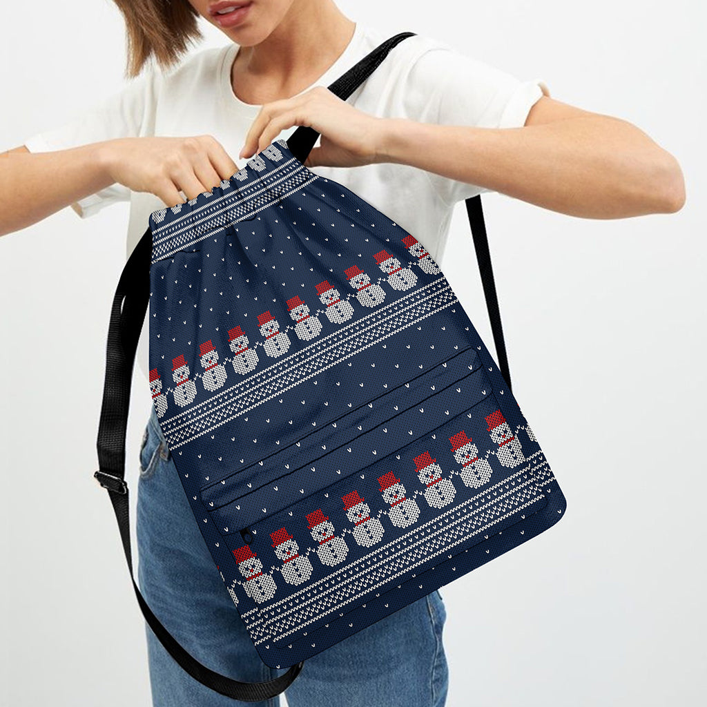 Snowman Knitted Pattern Print Drawstring Backpack