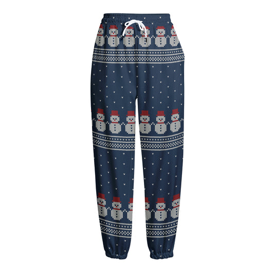Snowman Knitted Pattern Print Fleece Lined Knit Pants