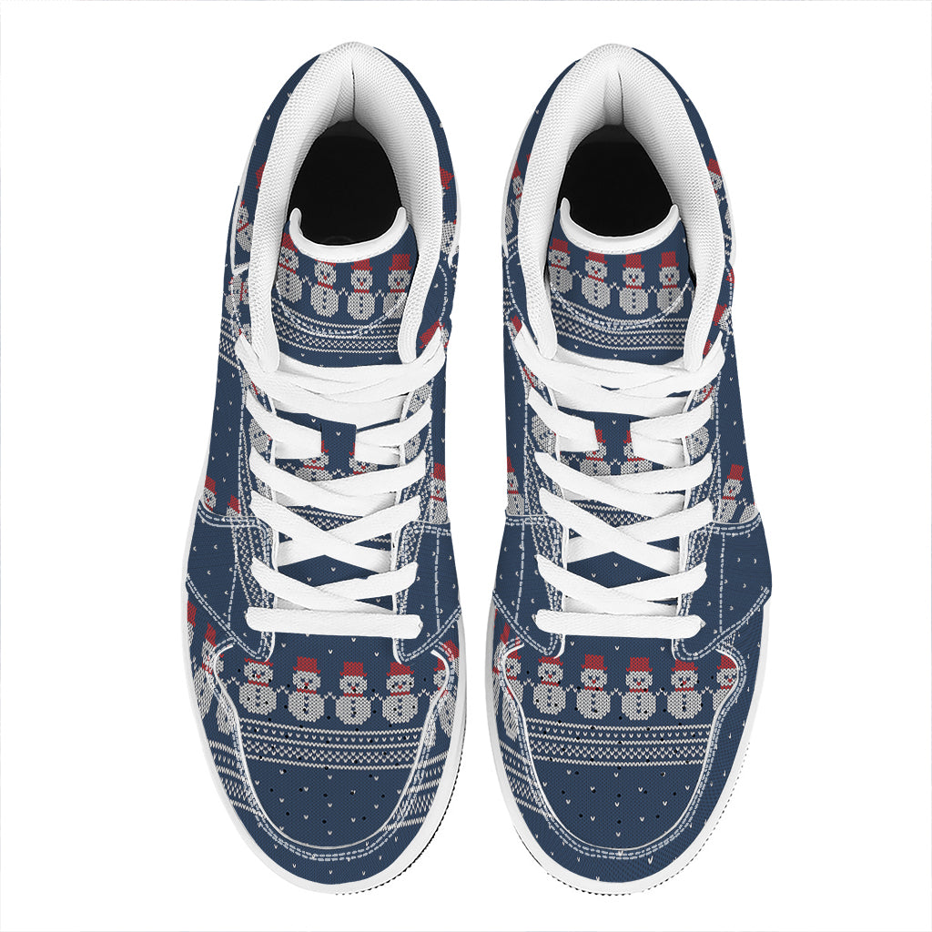 Snowman Knitted Pattern Print High Top Leather Sneakers