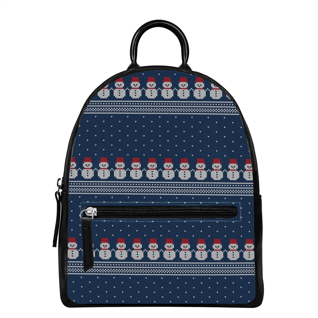 Snowman Knitted Pattern Print Leather Backpack