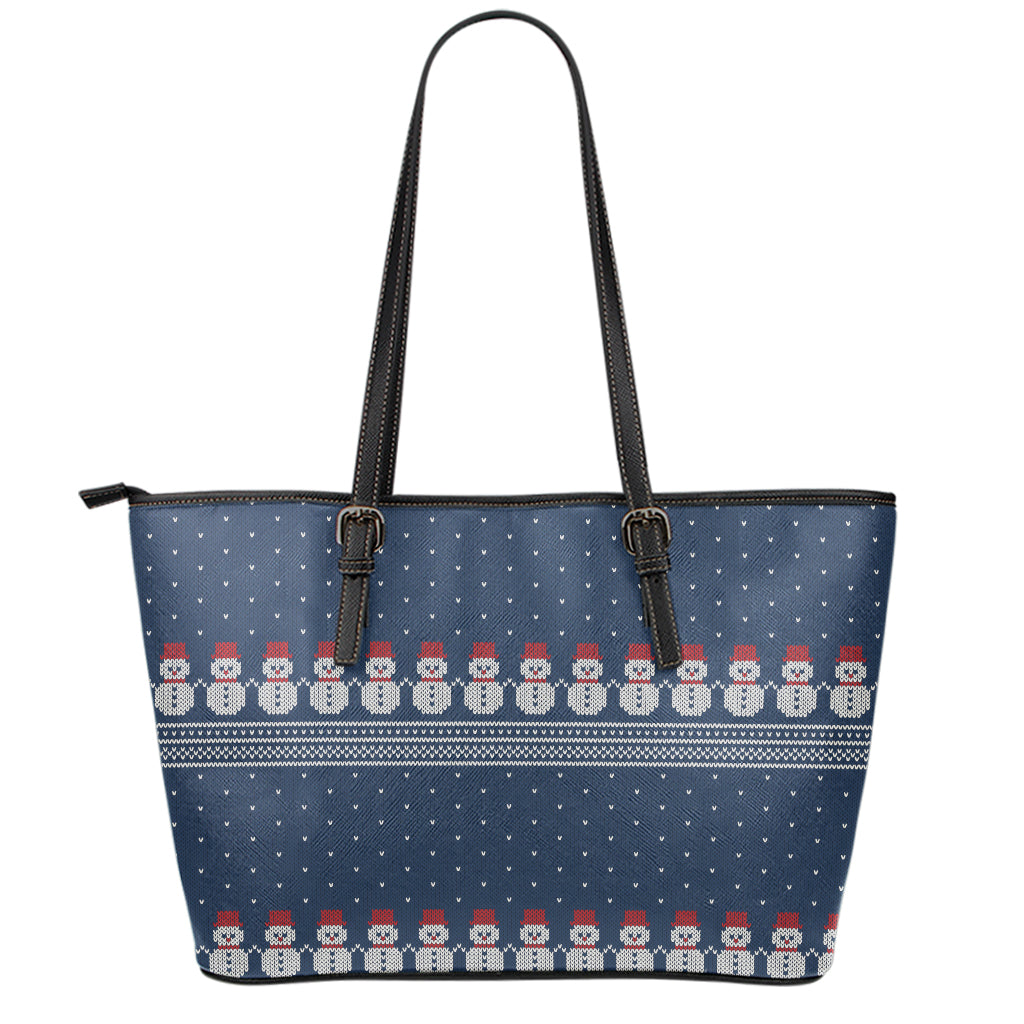 Snowman Knitted Pattern Print Leather Tote Bag