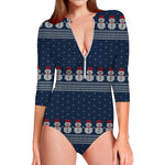 Snowman Knitted Pattern Print Long Sleeve Swimsuit