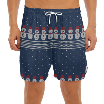 Snowman Knitted Pattern Print Men's Split Running Shorts