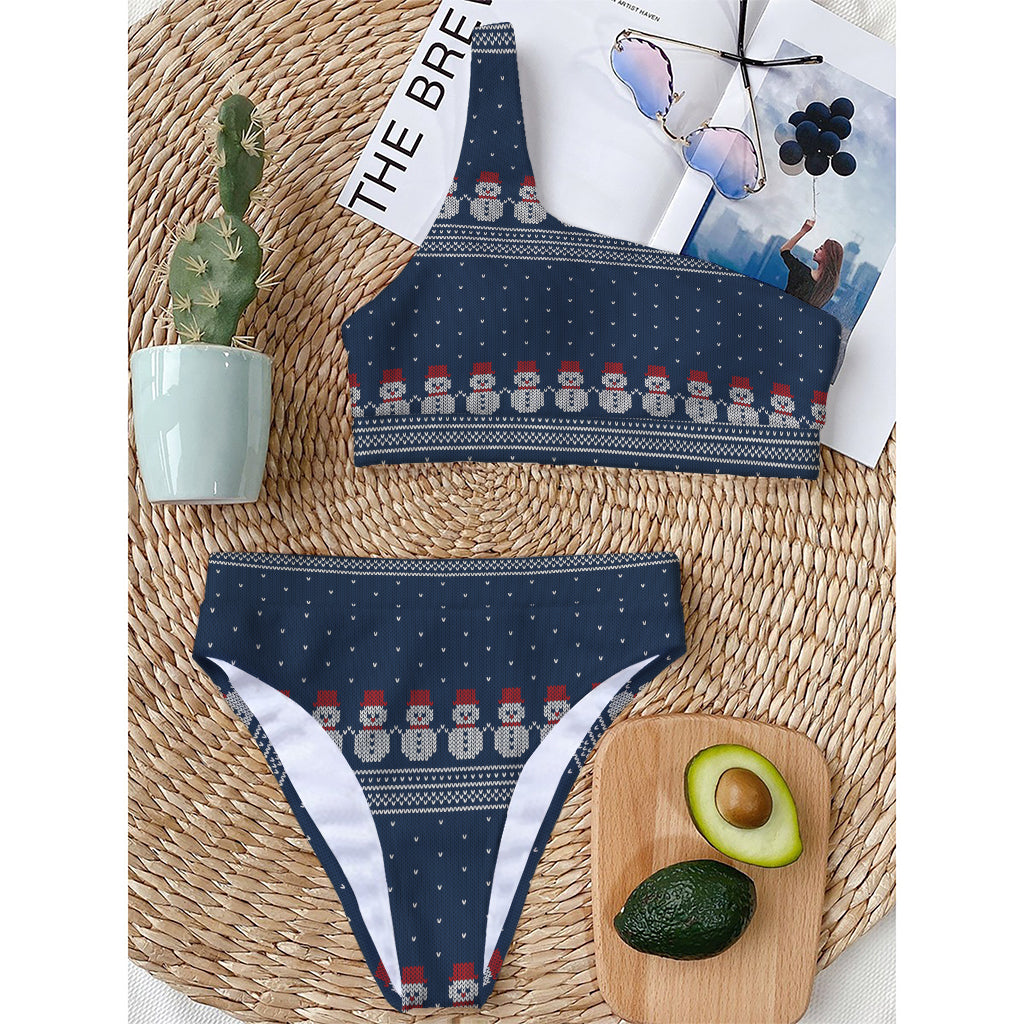 Snowman Knitted Pattern Print One Shoulder Bikini Top