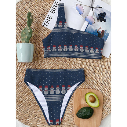 Snowman Knitted Pattern Print One Shoulder Bikini Top