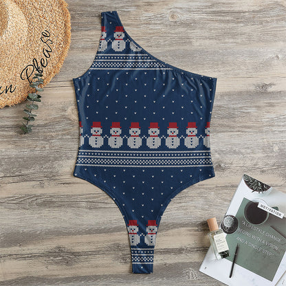Snowman Knitted Pattern Print One Shoulder Bodysuit