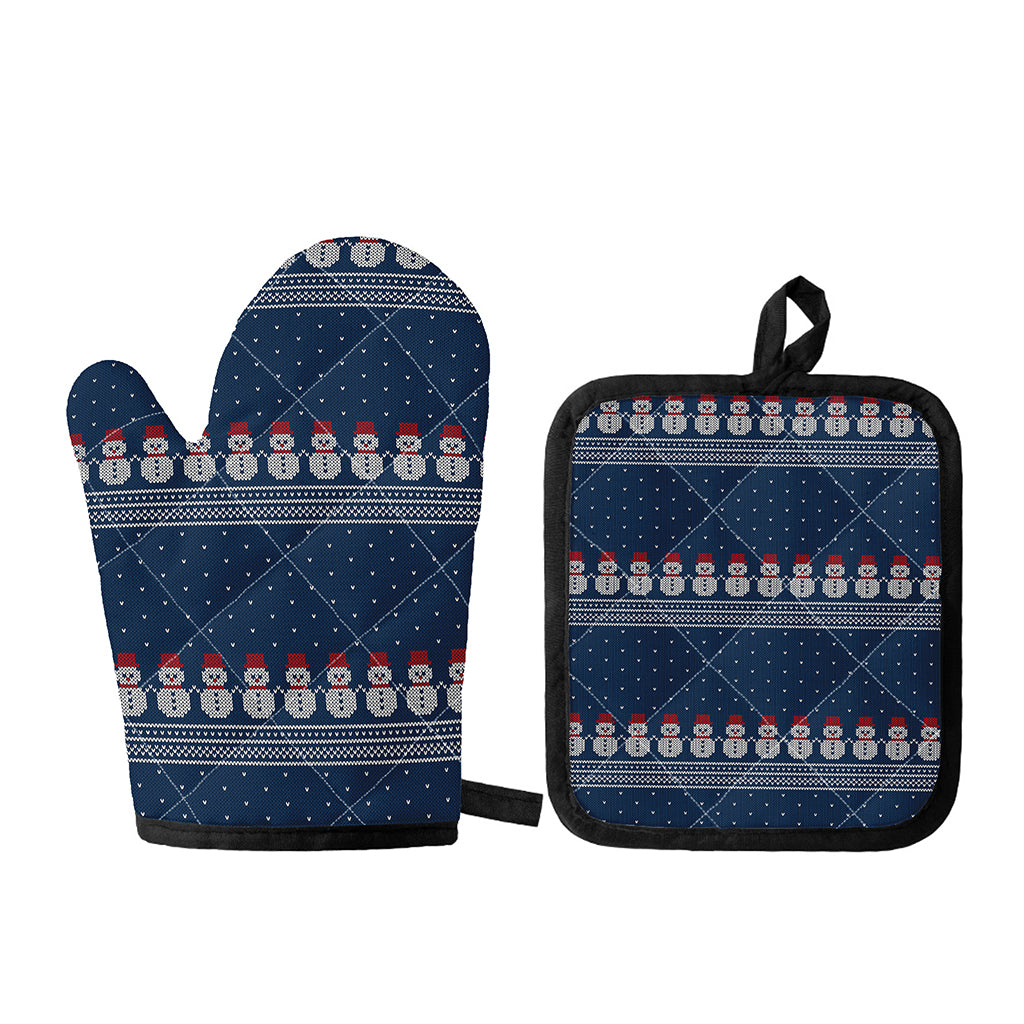 Snowman Knitted Pattern Print Oven Mitt And Pot Holder Set