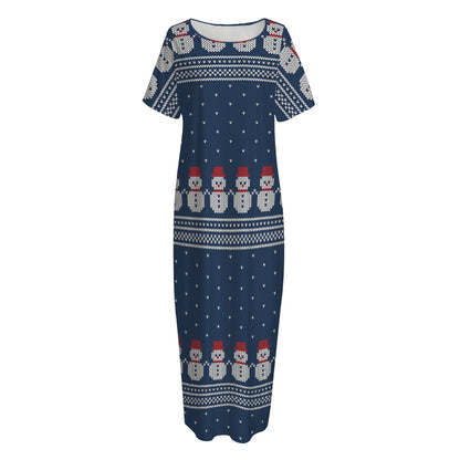 Snowman Knitted Pattern Print Short Sleeve Long Nightdress