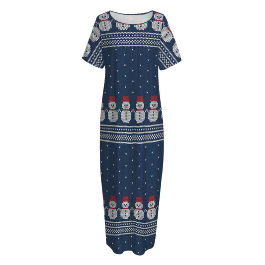 Snowman Knitted Pattern Print Short Sleeve Long Nightdress