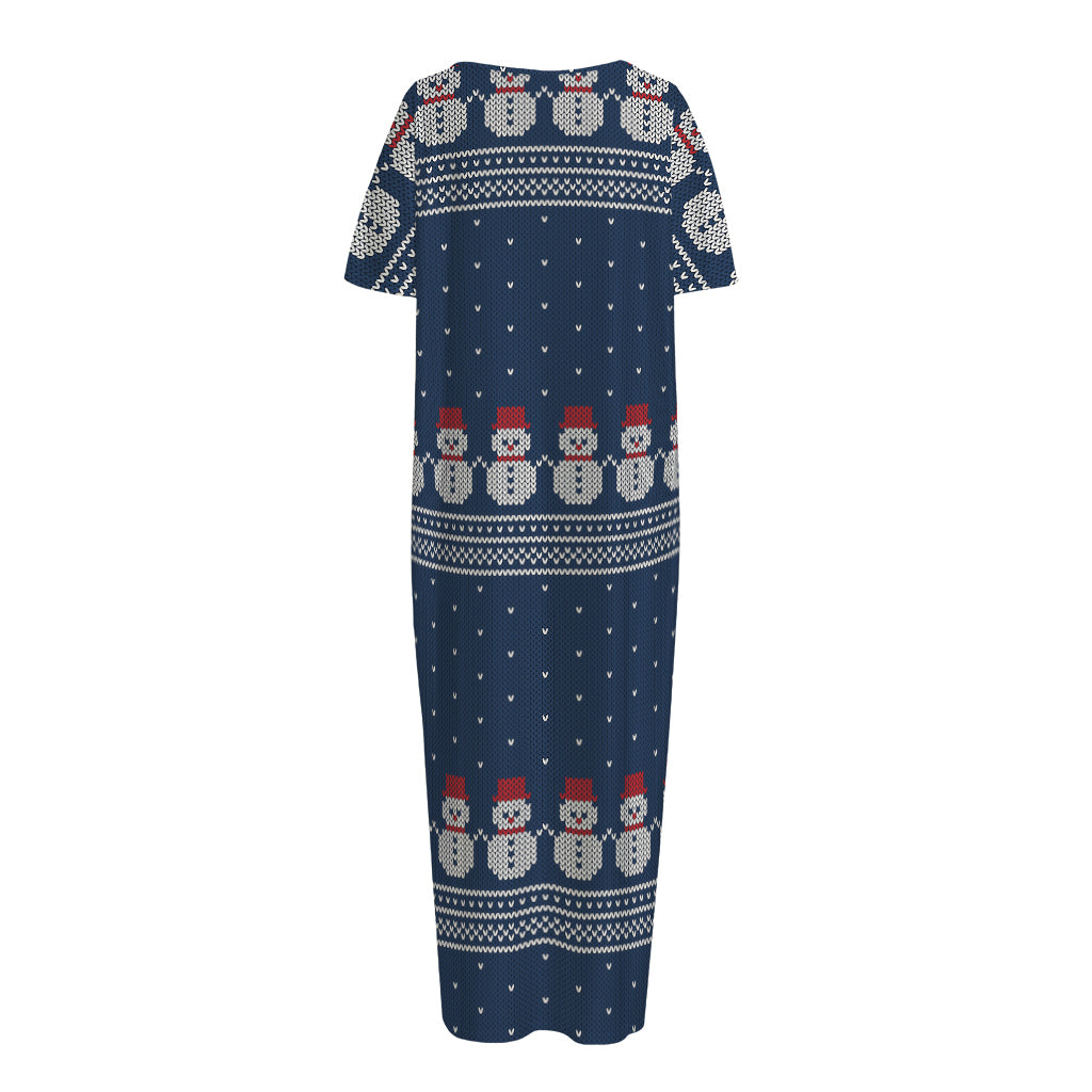 Snowman Knitted Pattern Print Short Sleeve Long Nightdress