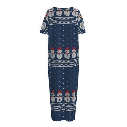 Snowman Knitted Pattern Print Short Sleeve Long Nightdress