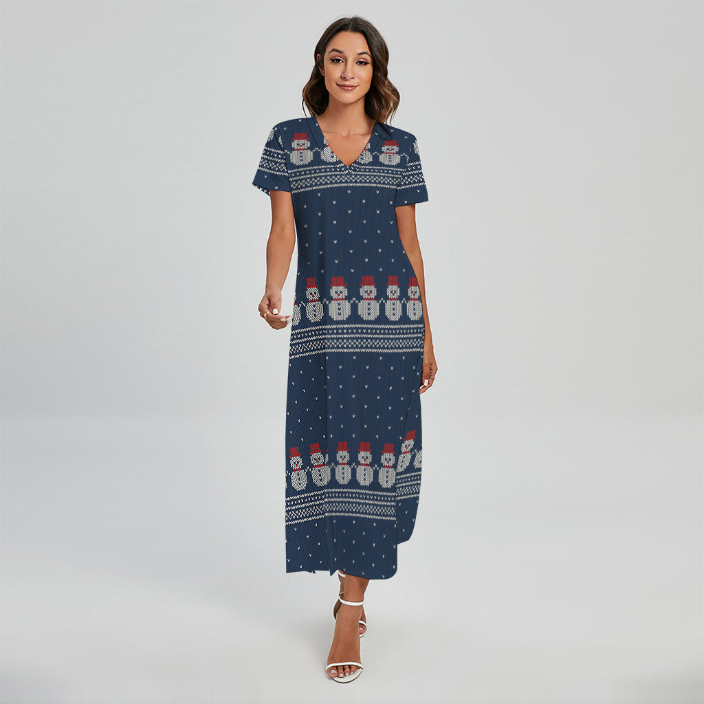 Snowman Knitted Pattern Print Short Sleeve Maxi Dress