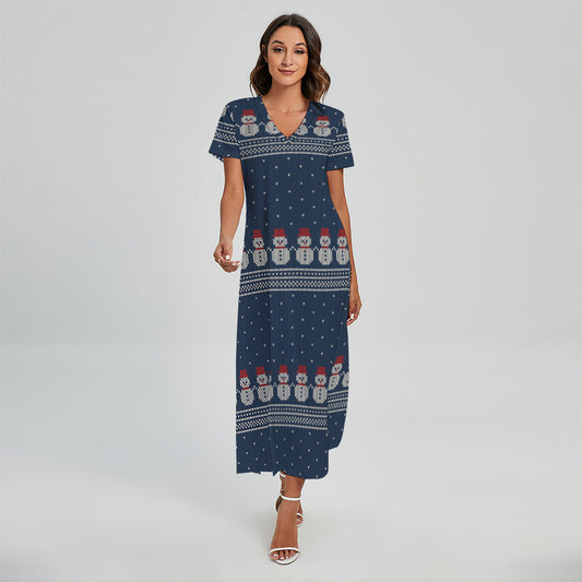 Snowman Knitted Pattern Print Short Sleeve Maxi Dress