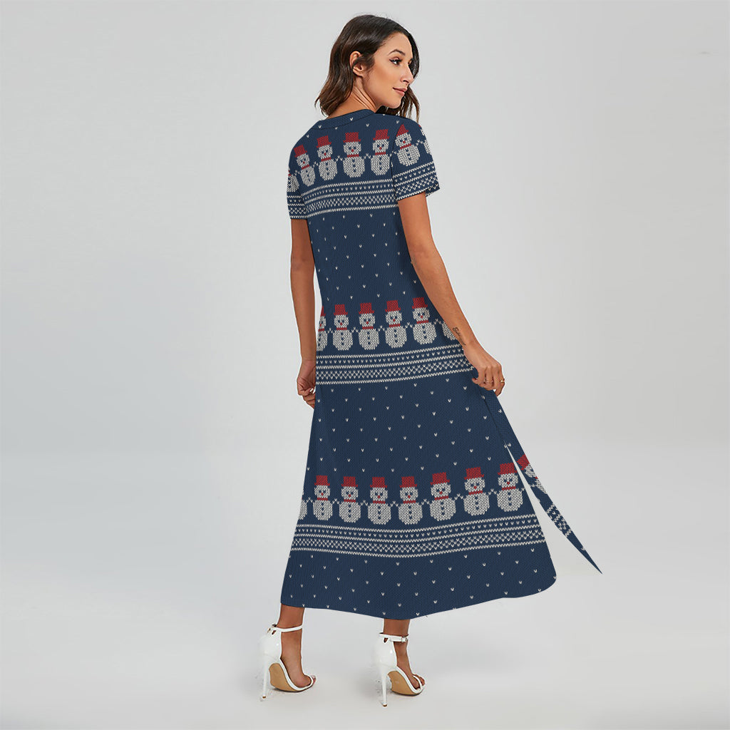 Snowman Knitted Pattern Print Short Sleeve Maxi Dress