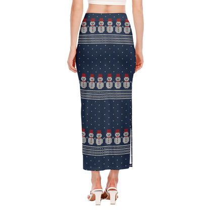 Snowman Knitted Pattern Print Side Slit Maxi Skirt