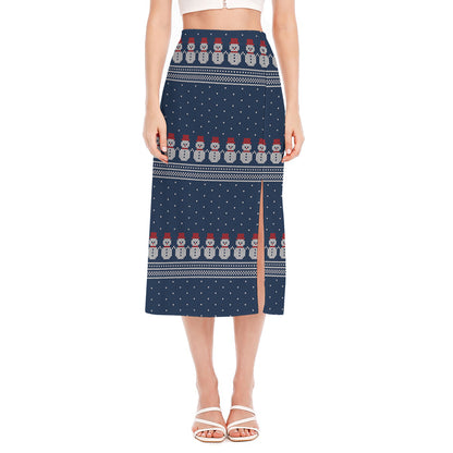 Snowman Knitted Pattern Print Side Slit Midi Skirt