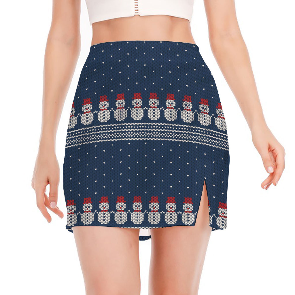 Snowman Knitted Pattern Print Side Slit Mini Skirt