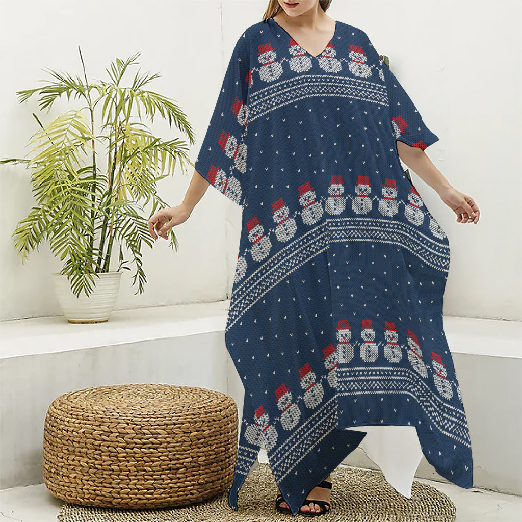 Snowman Knitted Pattern Print Silk V-Neck Kaftan Dress