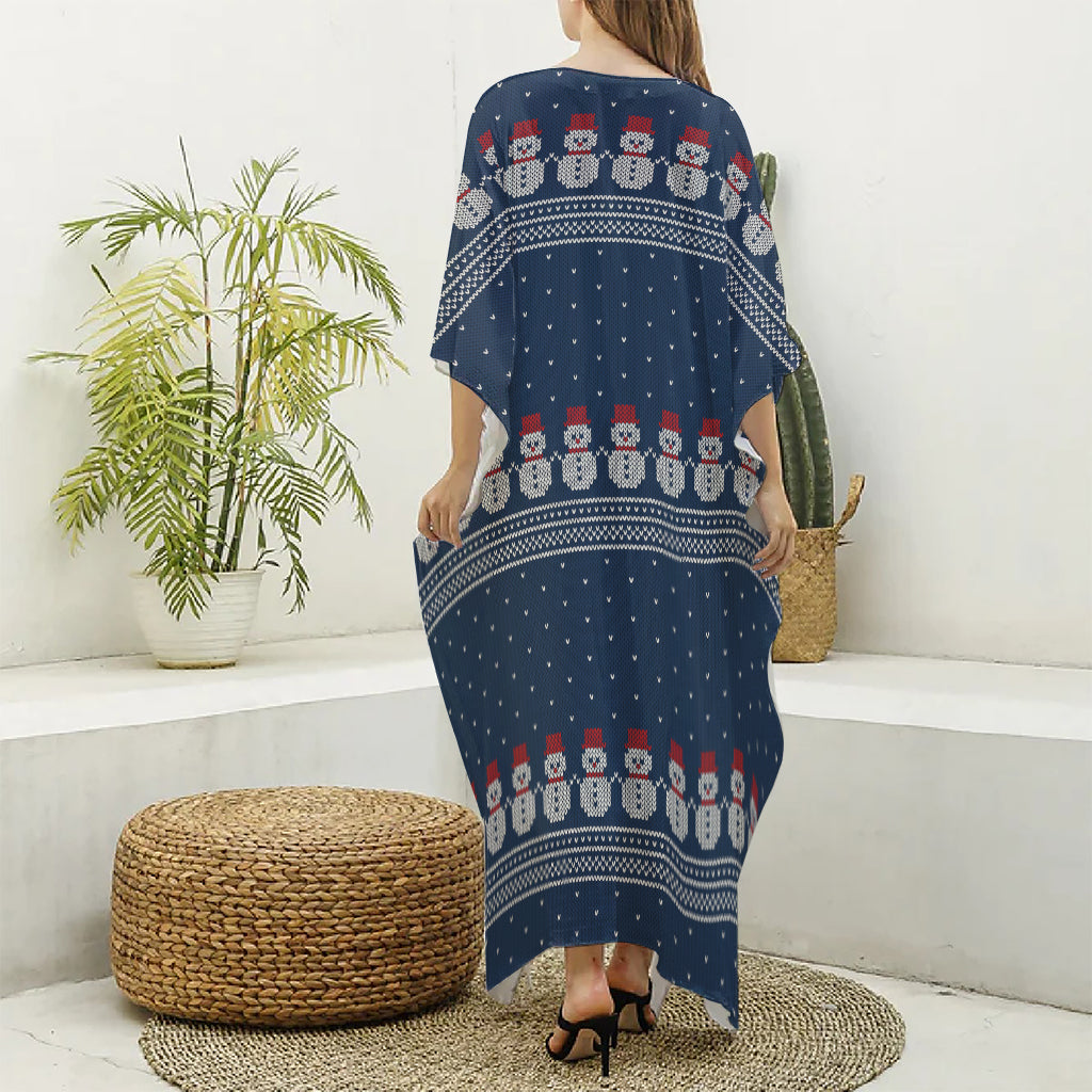 Snowman Knitted Pattern Print Silk V-Neck Kaftan Dress