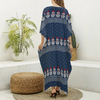 Snowman Knitted Pattern Print Silk V-Neck Kaftan Dress
