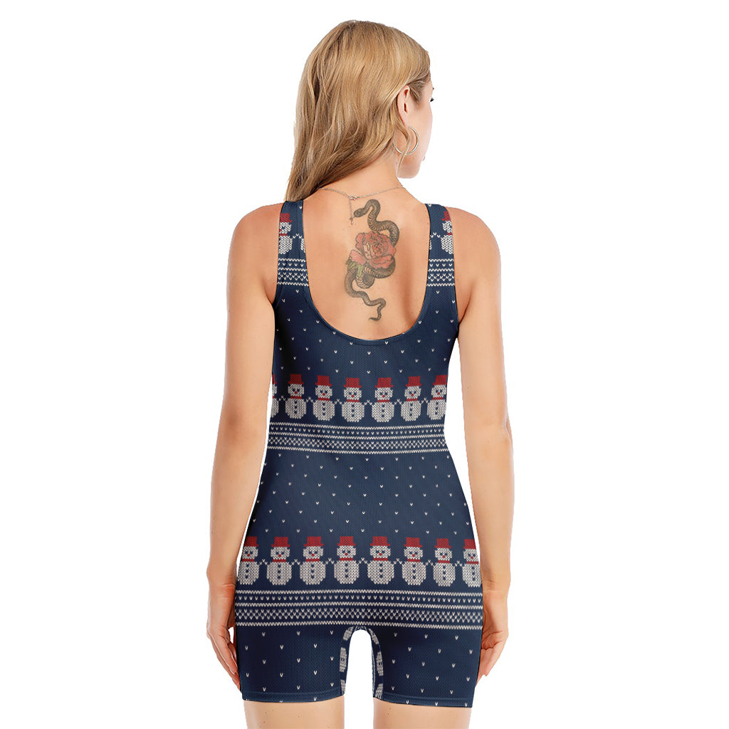 Snowman Knitted Pattern Print Sleeveless One Piece Swimsuit