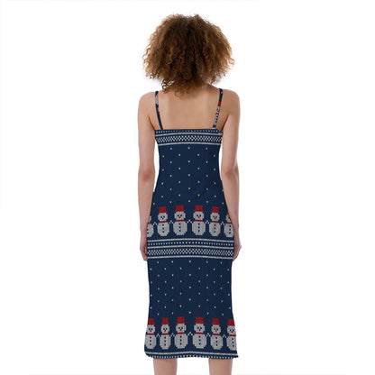 Snowman Knitted Pattern Print Slim Fit Midi Cami Dress
