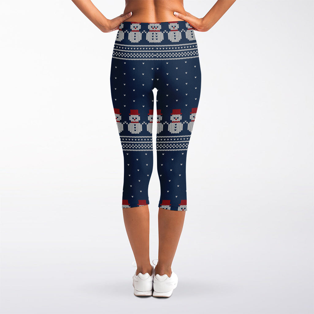 Snowman Knitted Pattern Print Women's Capri Leggings