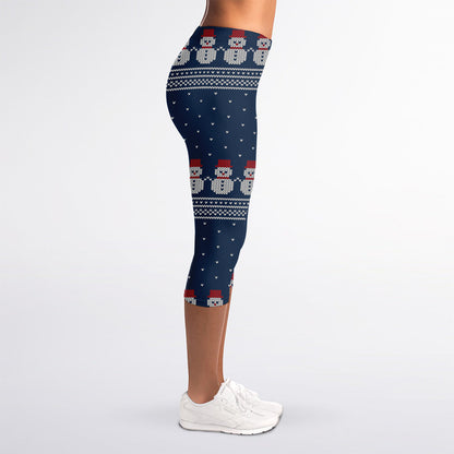 Snowman Knitted Pattern Print Women's Capri Leggings
