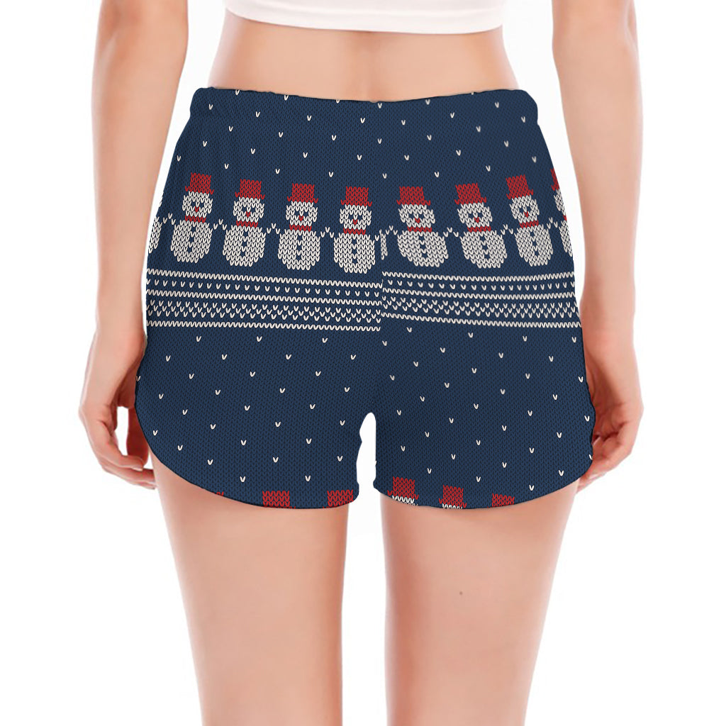 Snowman Knitted Pattern Print Women's Split Running Shorts