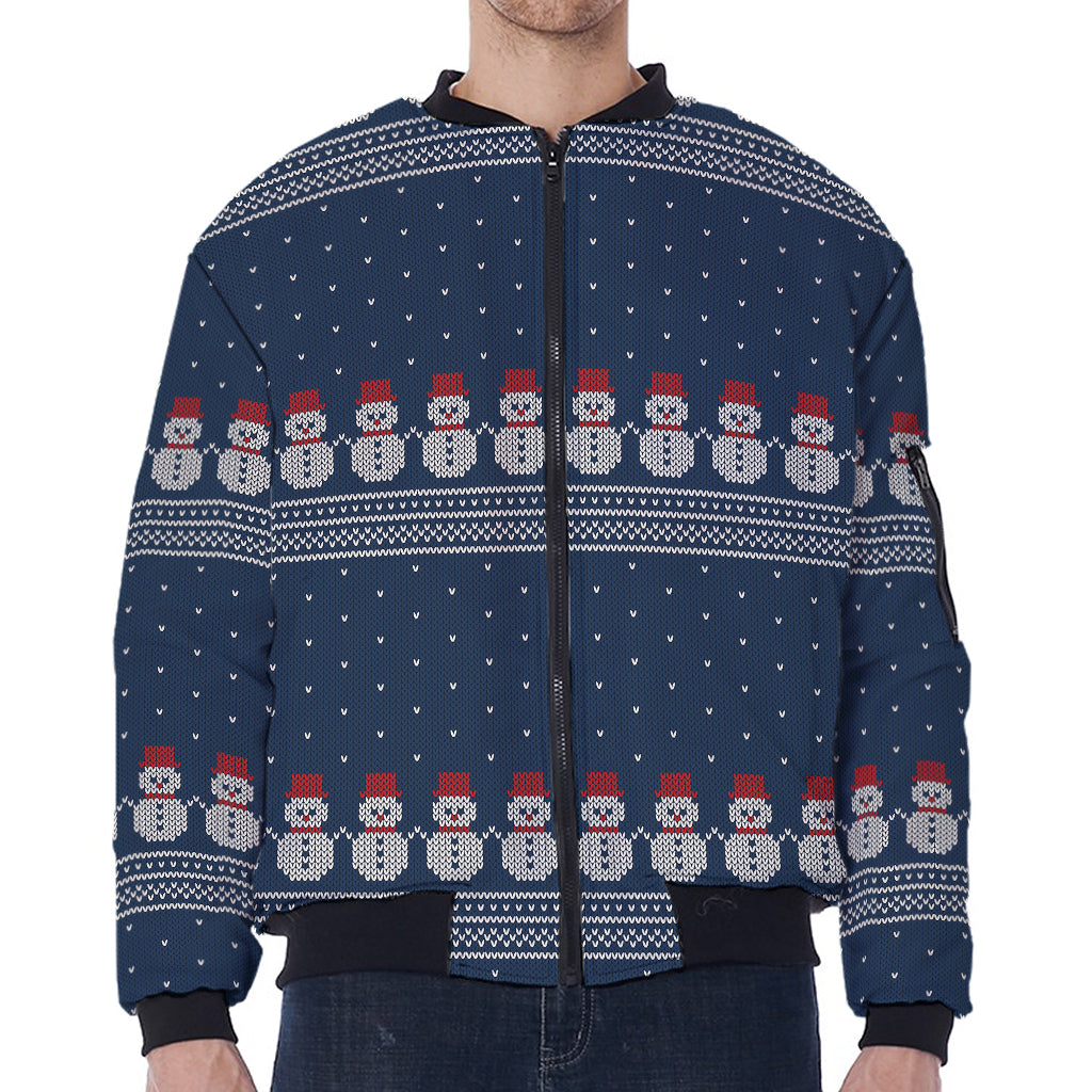 Snowman Knitted Pattern Print Zip Sleeve Bomber Jacket