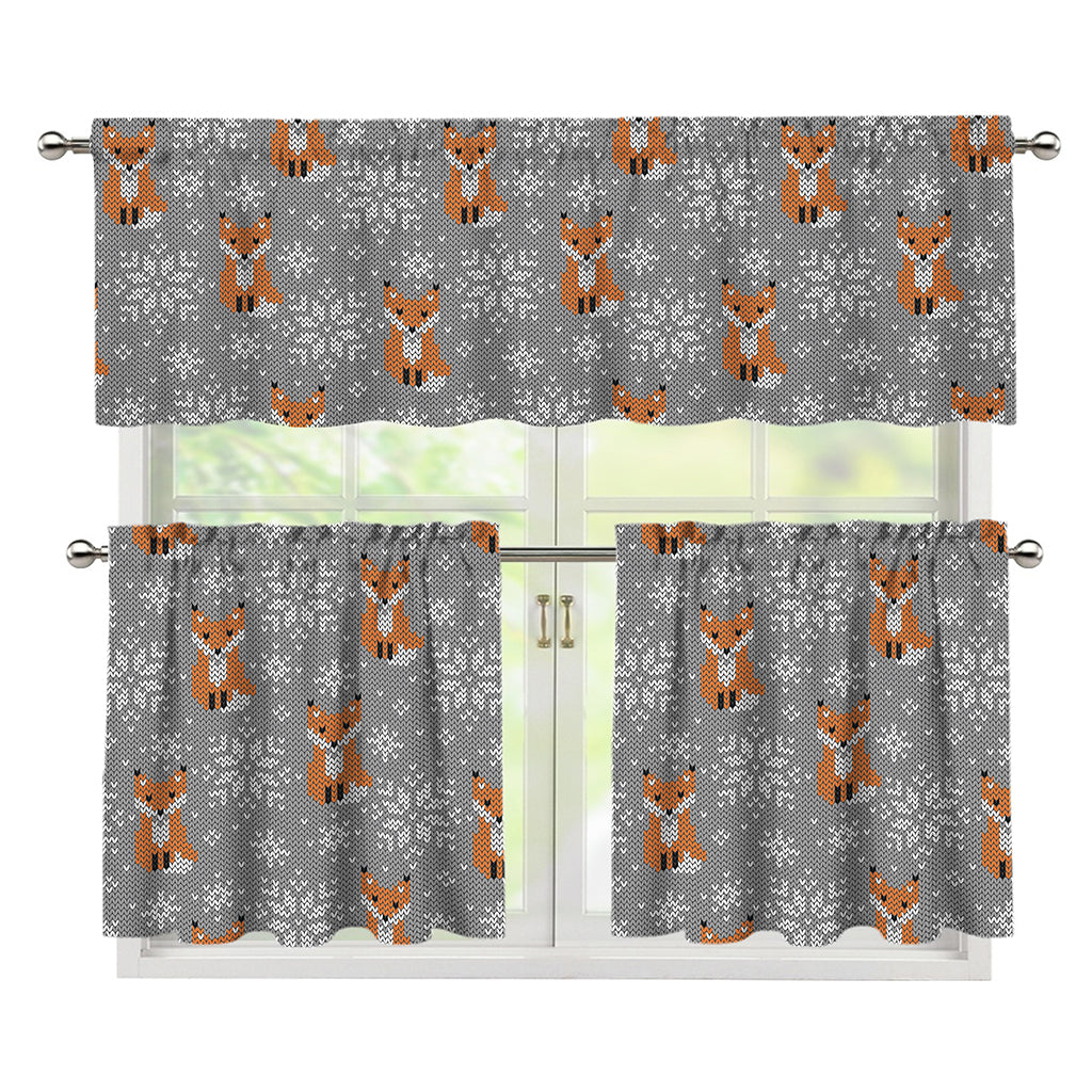 Snowy Fox Knitted Pattern Print 3 Piece Kitchen Curtains