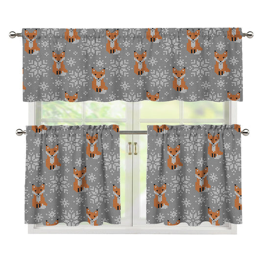 Snowy Fox Knitted Pattern Print 3 Piece Kitchen Curtains