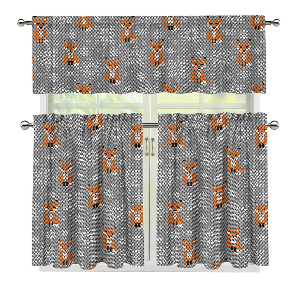 Snowy Fox Knitted Pattern Print 3 Piece Kitchen Curtains
