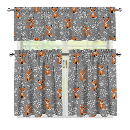 Snowy Fox Knitted Pattern Print 3 Piece Kitchen Curtains
