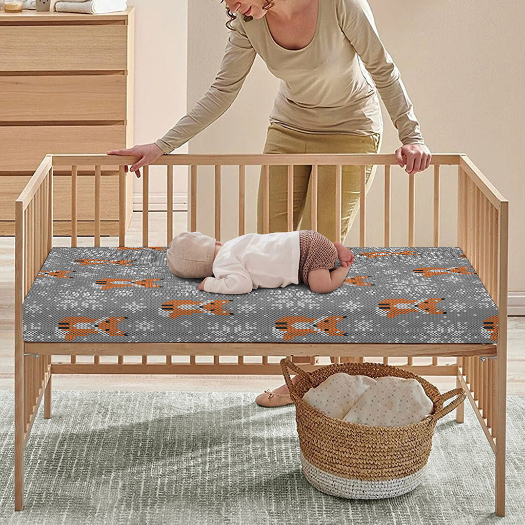 Snowy Fox Knitted Pattern Print Baby Crib Sheet