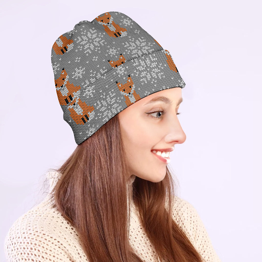 Snowy Fox Knitted Pattern Print Beanie