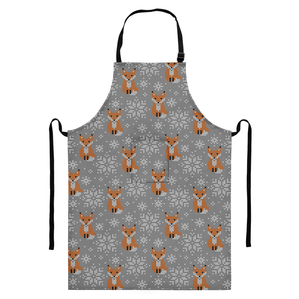Snowy Fox Knitted Pattern Print Bib Apron With Pocket