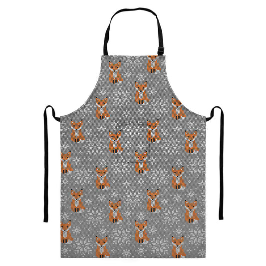 Snowy Fox Knitted Pattern Print Bib Apron With Pocket