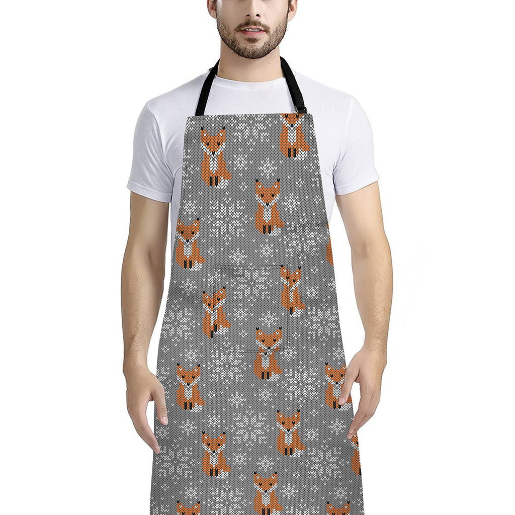 Snowy Fox Knitted Pattern Print Bib Apron With Pocket