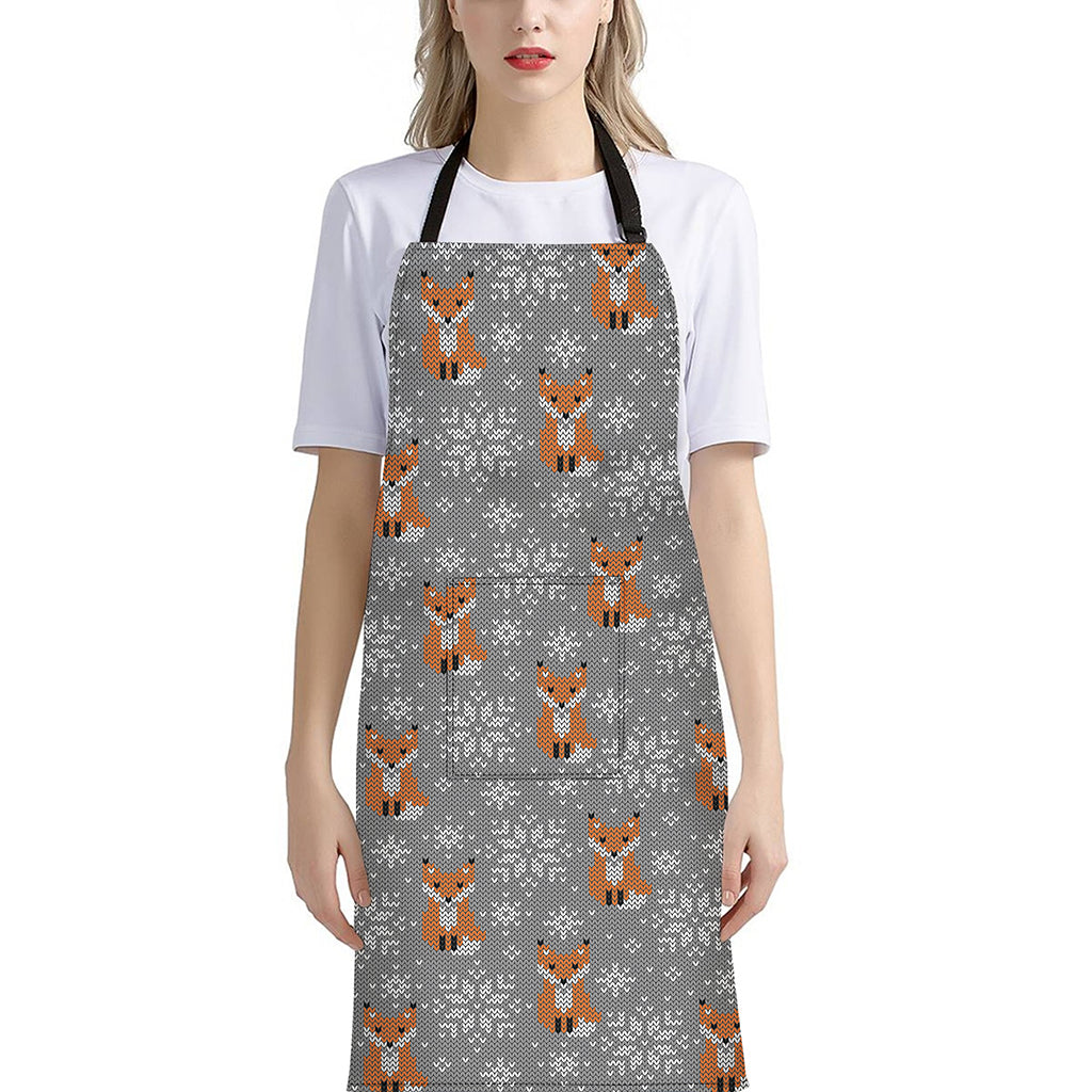 Snowy Fox Knitted Pattern Print Bib Apron With Pocket