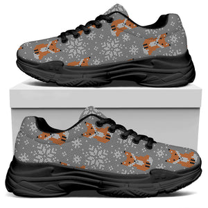 Snowy Fox Knitted Pattern Print Black Chunky Shoes