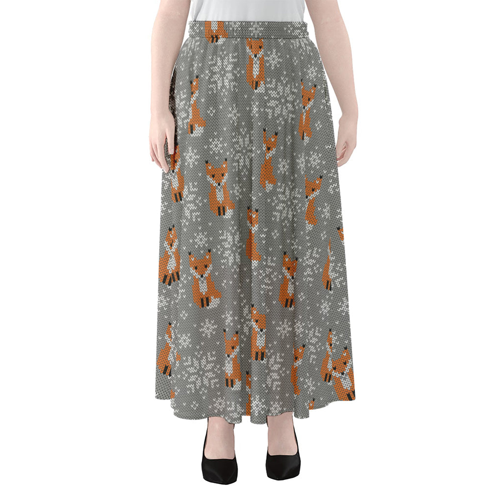 Snowy Fox Knitted Pattern Print Chiffon Maxi Skirt