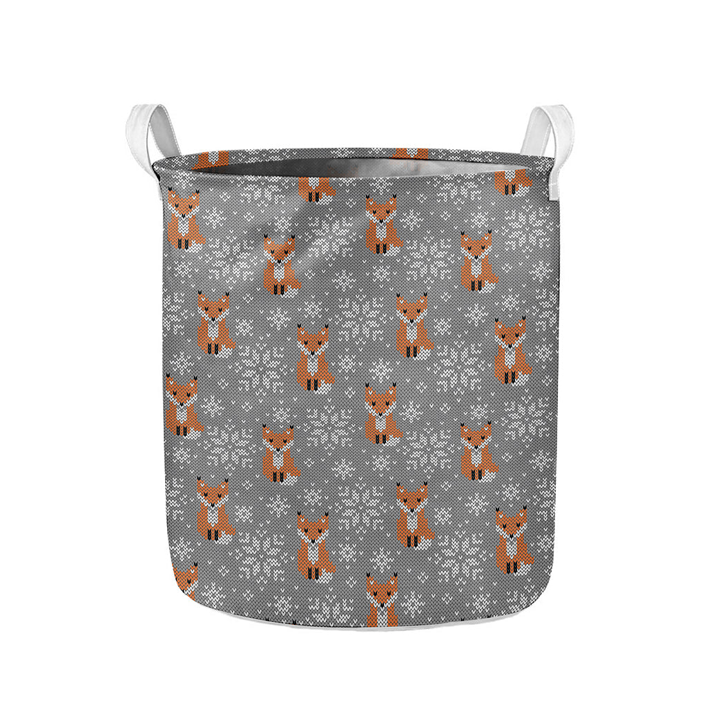 Snowy Fox Knitted Pattern Print Collapsible Laundry Basket