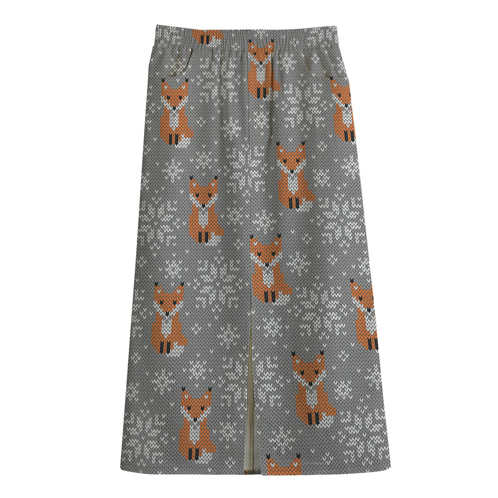 Snowy Fox Knitted Pattern Print Cotton Front Slit Maxi Skirt