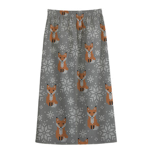 Snowy Fox Knitted Pattern Print Cotton Front Slit Maxi Skirt