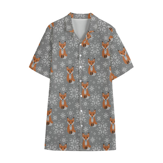 Snowy Fox Knitted Pattern Print Cotton Hawaiian Shirt