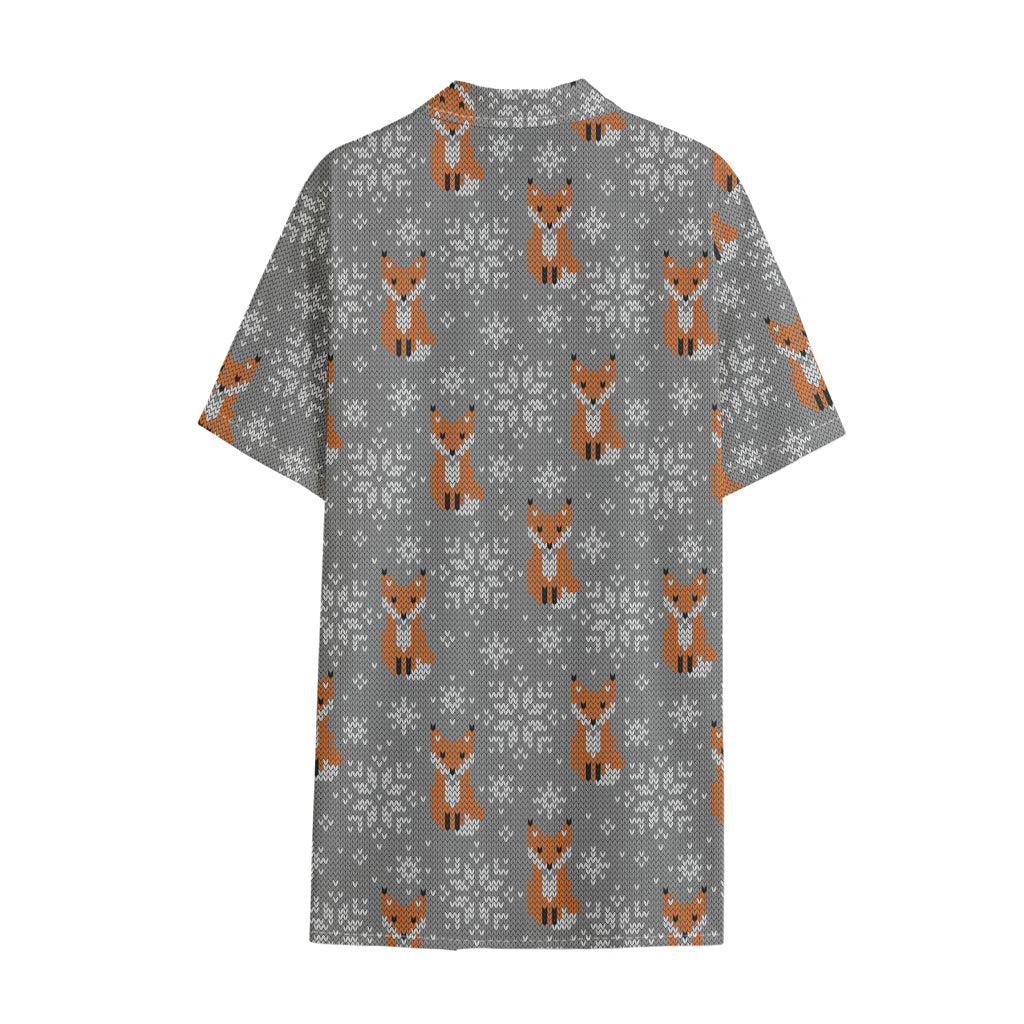 Snowy Fox Knitted Pattern Print Cotton Hawaiian Shirt