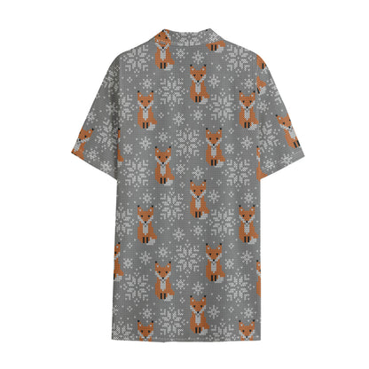 Snowy Fox Knitted Pattern Print Cotton Hawaiian Shirt