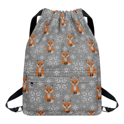 Snowy Fox Knitted Pattern Print Drawstring Backpack
