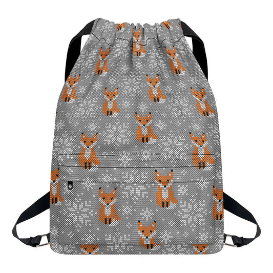Snowy Fox Knitted Pattern Print Drawstring Backpack